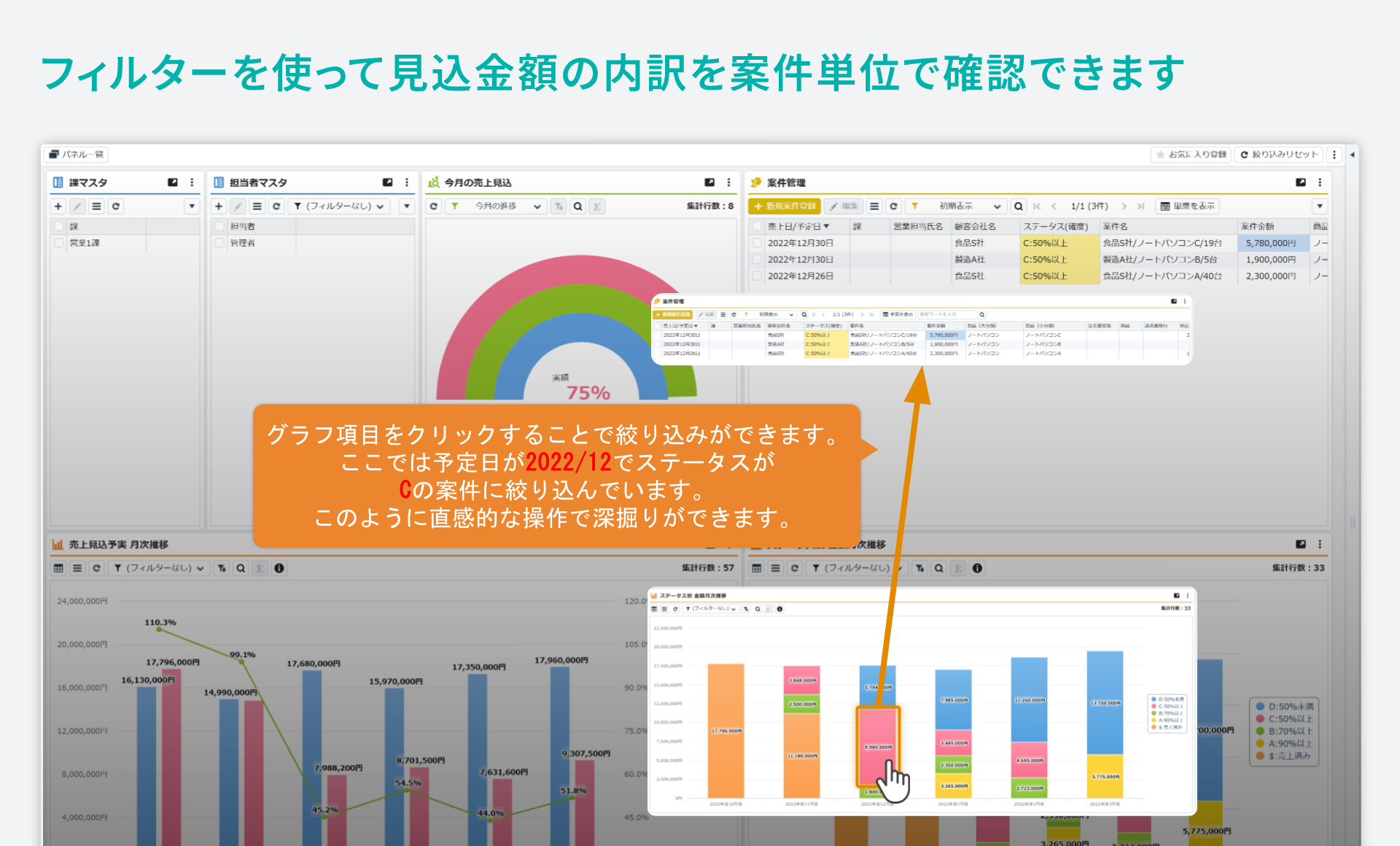 「売上進捗管理」をシステム化／フィルターを使って見込金額の内訳を案件単位で確認できます